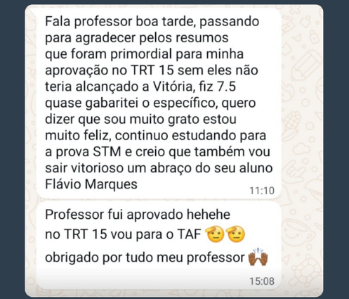 Depoimento de aluno dos Resumos Esquematizados sobre a aprovação no TRT 15